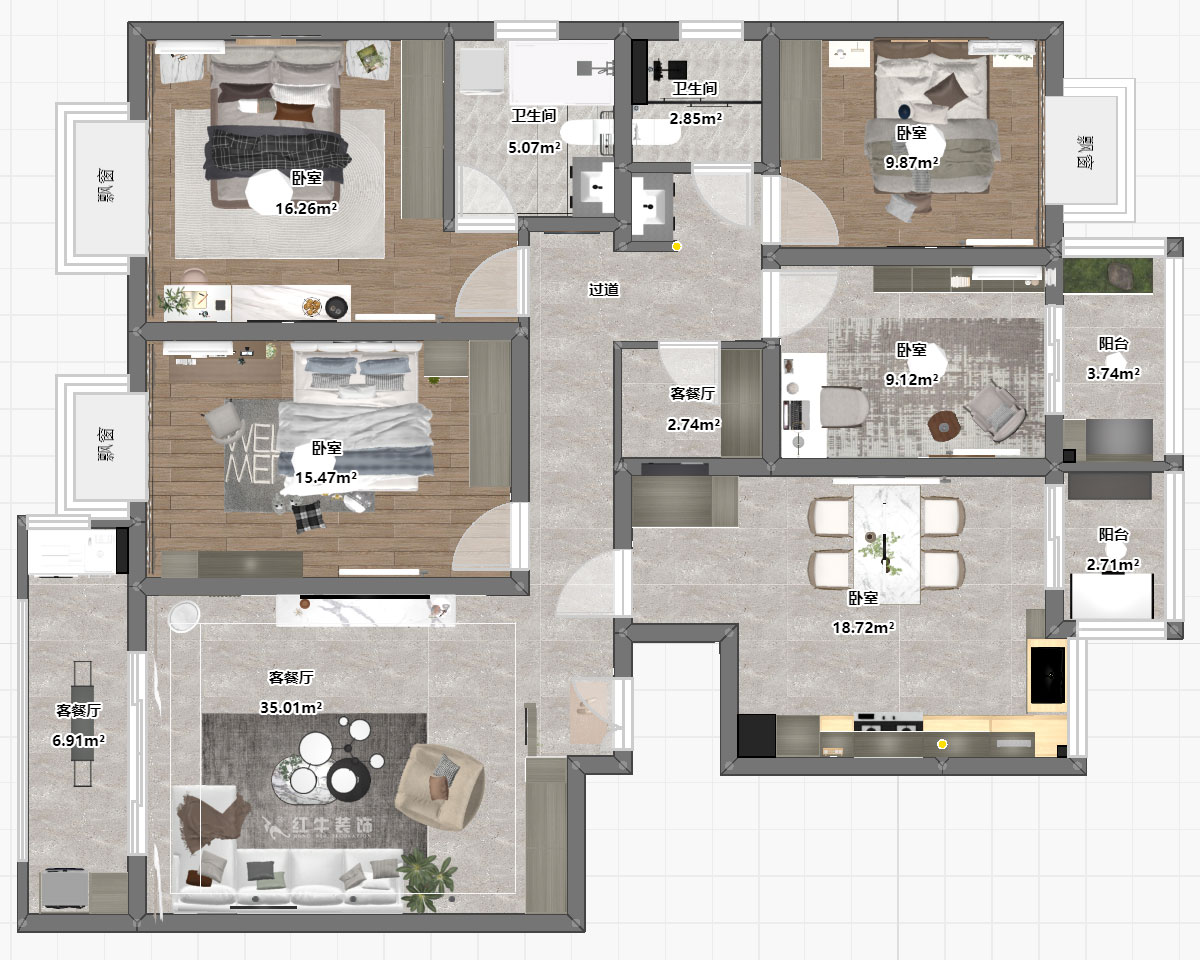 陆利民｜枫丹白露7-3-702-160㎡-现代简约风格｜4室2厅2卫｜旧房装修｜定制家｜全包23万｜00_03平面彩图